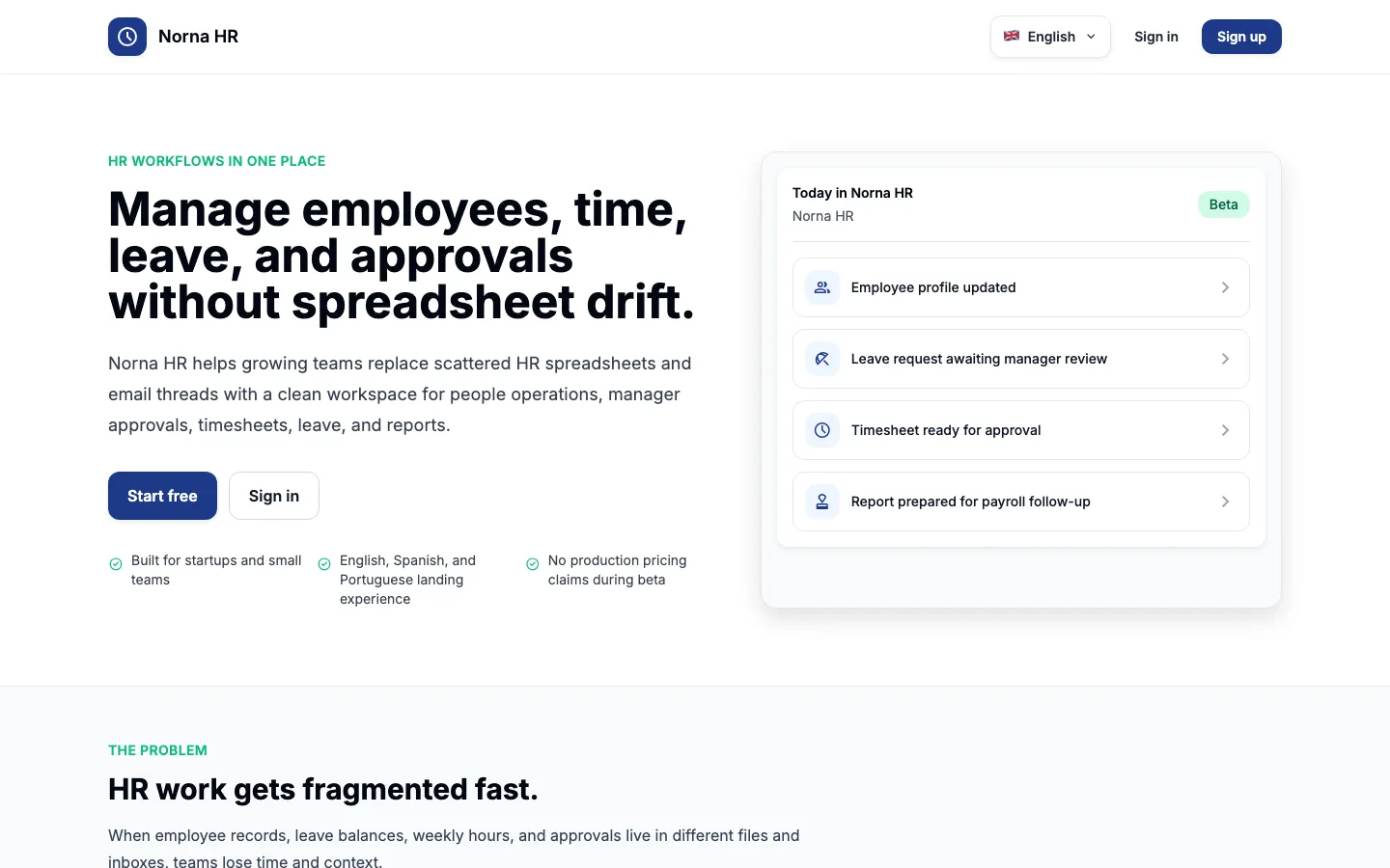 Norna HR beta website homepage preview